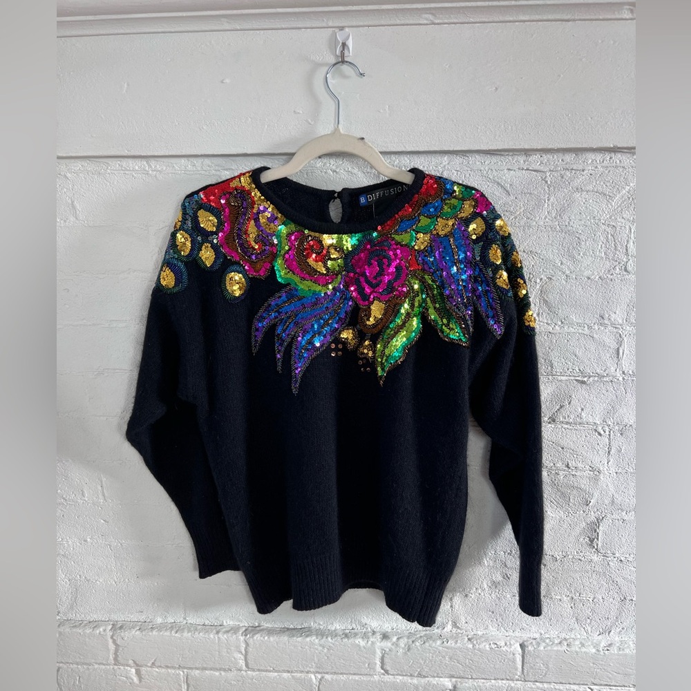 I.B. Diffusion Floral Sequined Silk Angora Sweater Black Fuzzy Vintage 90’s - Picture 10 of 15